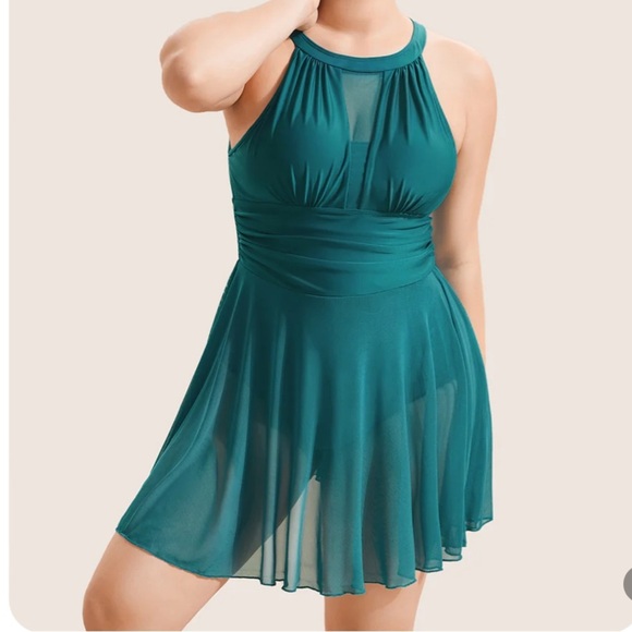 NWT! Bloomchic Green Knotted Back Mesh Insert Swim Dress One Piece Swimsuit 28 - Picture 1 of 11